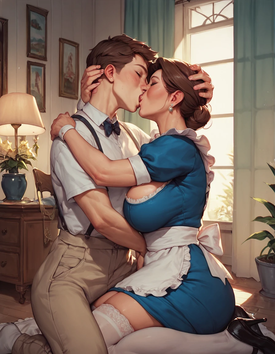 score_9, score_8_up, score_7_up, 1boy, 1girl, curvy, aged, maid outfit, mature female, milf and kid, , hug, kiss, hand on head, kneeling, in a room