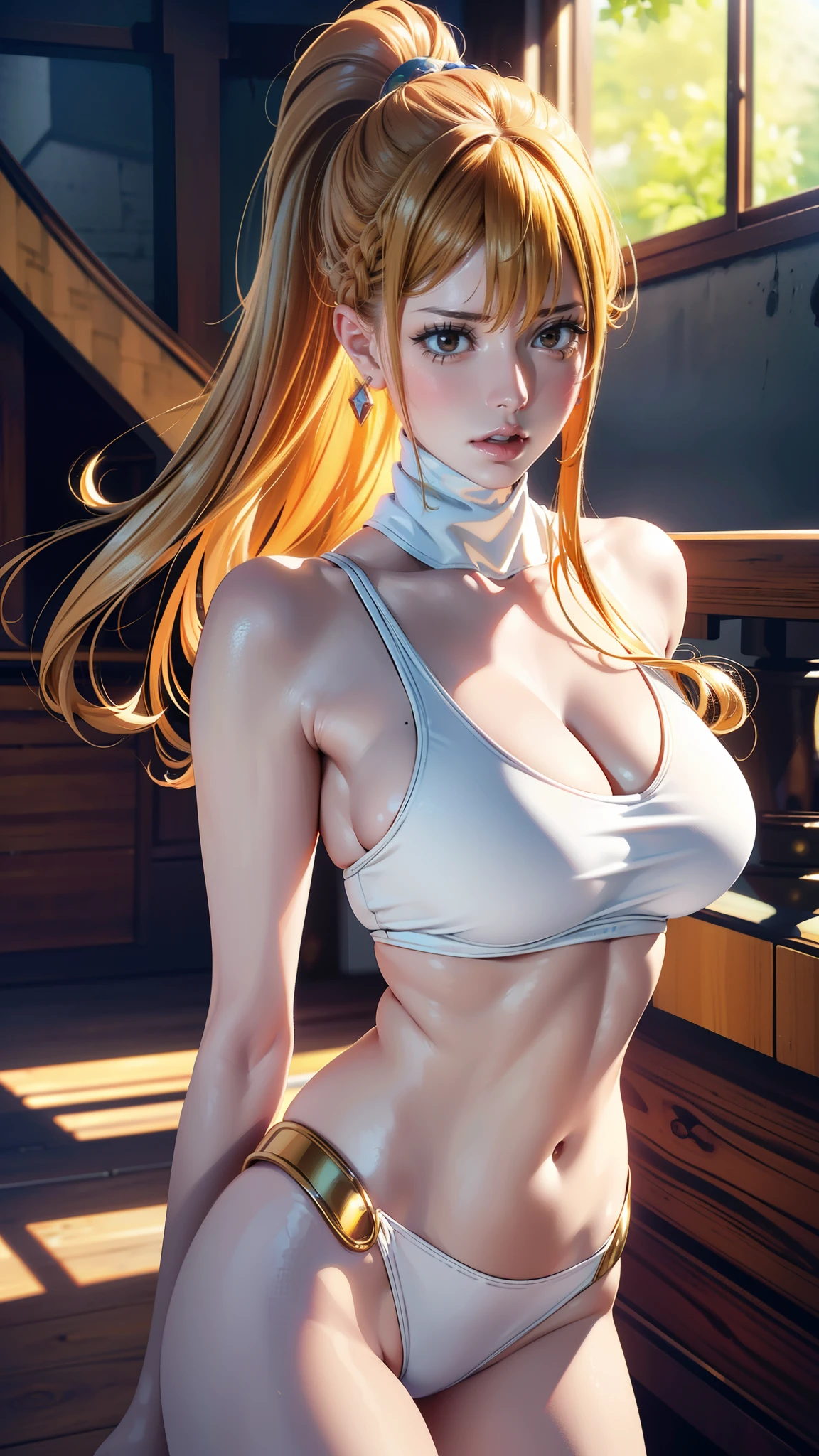 stretching,(Cinematic scene,Fantasy Art,Highest image quality,hyperrealistic portrait,(8k),ultra-realistic,Best Quality,High quality,High Definition,high quality texture,high detailing,Beautiful detailed,fine detailed,extremely details CG,Detailed texture,realistic representation of face,masutepiece,presence,Dynamic,Bold),1gir,Ultra detailed skin,Curve,,Beautiful breasts,Large breasts,pale skin,pointed breast,Erect nipples,ponytail,(Ultra Thin hair),(Ultra Soft hair),(ultra straight hair),Swept long bangs,very light coppery amber hair,Hair over one eye,gym uniformblonde blondes、Eggy High Leg whole body
