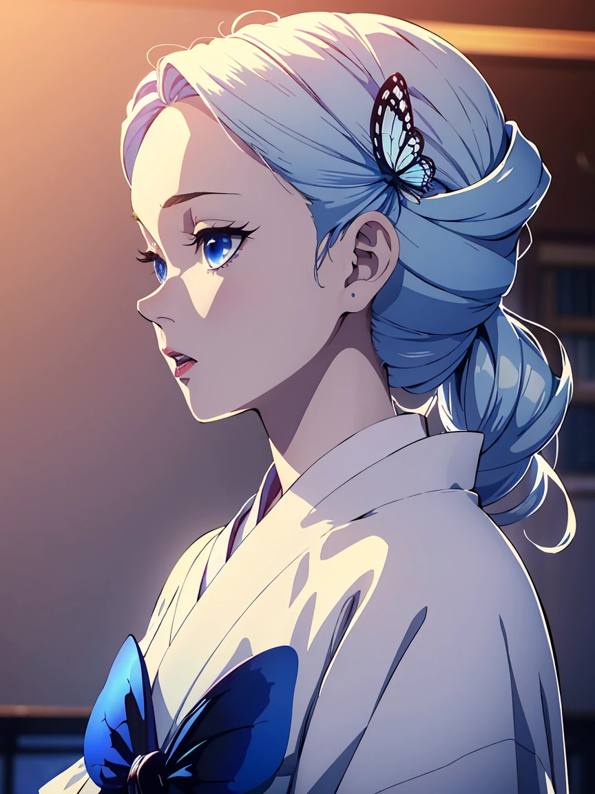 a beautiful young girl in a white kimono, long white hair, side profile, (open mouth), blue eyes, detailed face, 1girl, upper body shot, japanese room, oil painting, cinematic lighting, photorealistic, masterpiece, high quality, hyper detailed, vibrant colors, dramatic chiaroscuro, blue butterfly hair pin