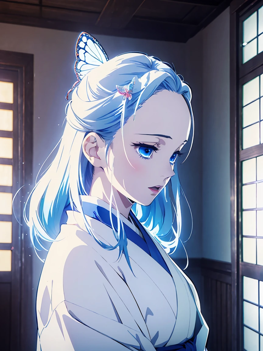 a beautiful young girl in a white kimono, long white hair, side profile, (open mouth), blue eyes, detailed face, 1girl, upper body shot, japanese room, oil painting, cinematic lighting, photorealistic, masterpiece, high quality, hyper detailed, vibrant colors, dramatic chiaroscuro, blue butterfly hair pin