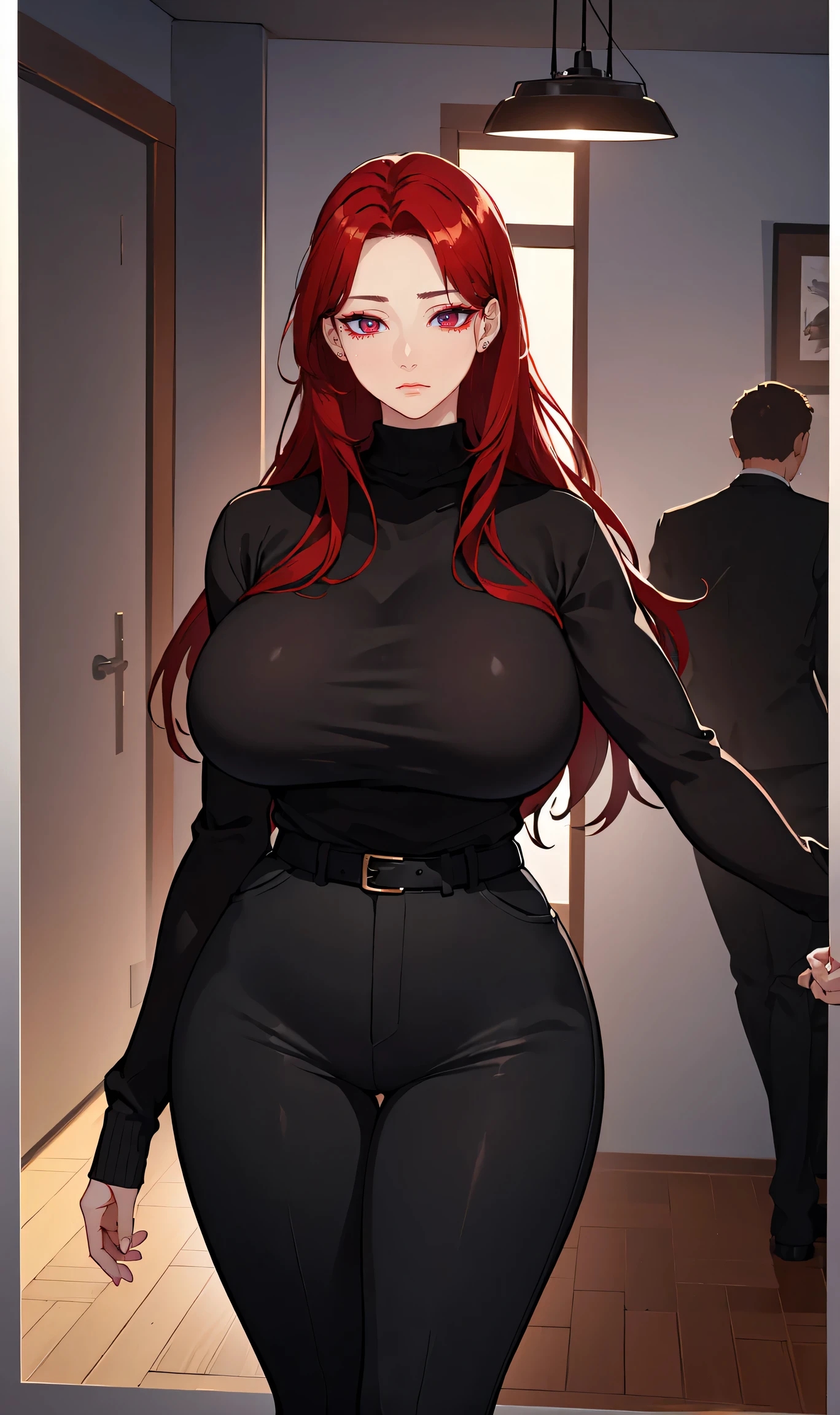 (Uhd, Masterpiece, Textured Skin, Super Detail, High Details, High Quality, Best Quality), Detailed Face, 1woman, mature pretty woman, Long red hair, (black sweater), (black pants), (Huge Body:1.5, tall), standing, (Low-sized breasts)