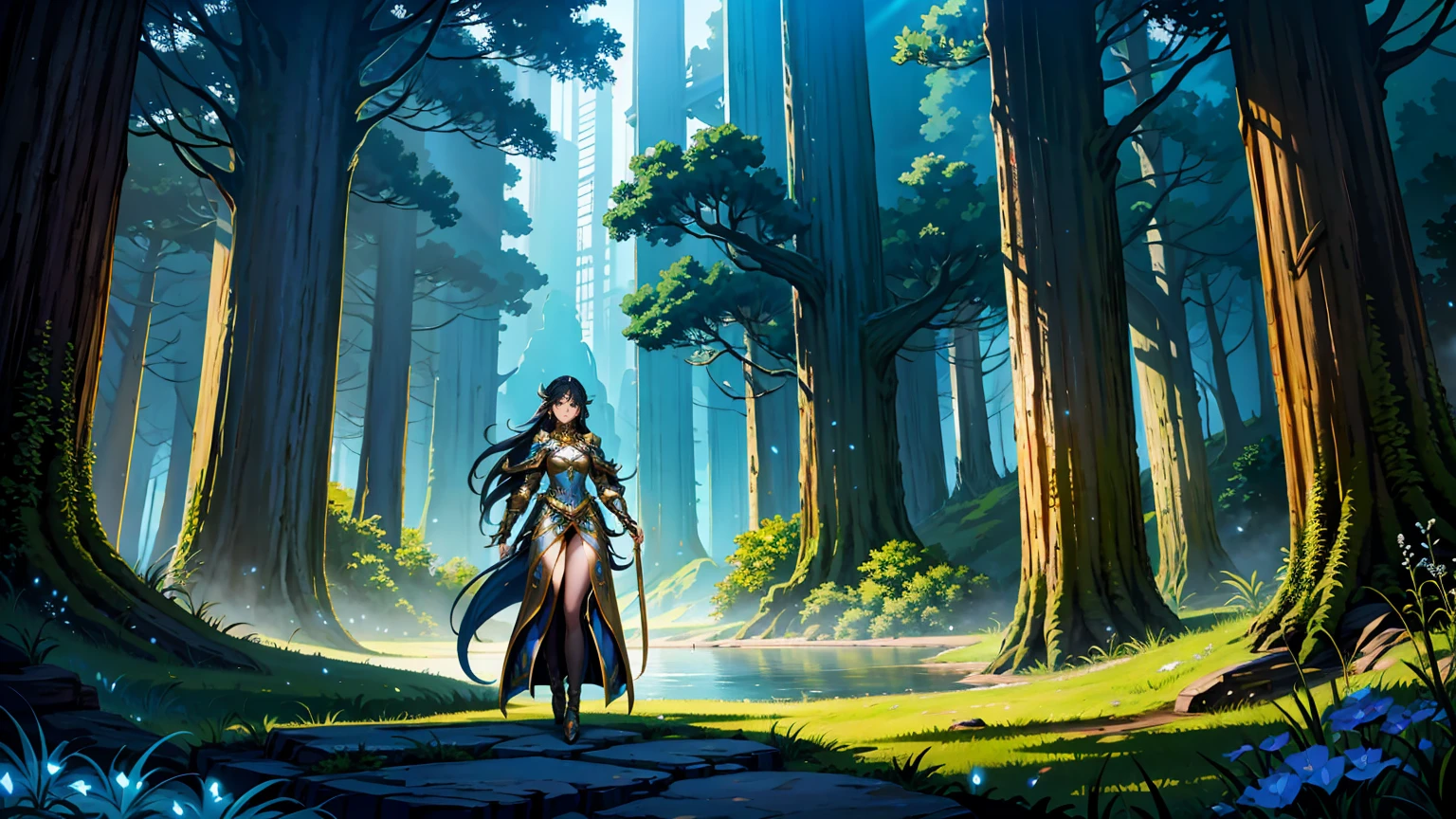 A central female character inspired by fantasy RPGs, standing confidently with detailed and ornate armor. She has a determined and adventurous expression, holding a glowing sword. Her long hair flows gracefully, and she wears a combination of practical yet stylish armor and clothing. The background features a mystical landscape with towering mountains, a shimmering lake, and ancient trees with bioluminescent leaves, creating an enchanting and adventurous atmosphere. The overall scene captures the essence of a powerful and captivating fantasy RPG character in a magical world.
