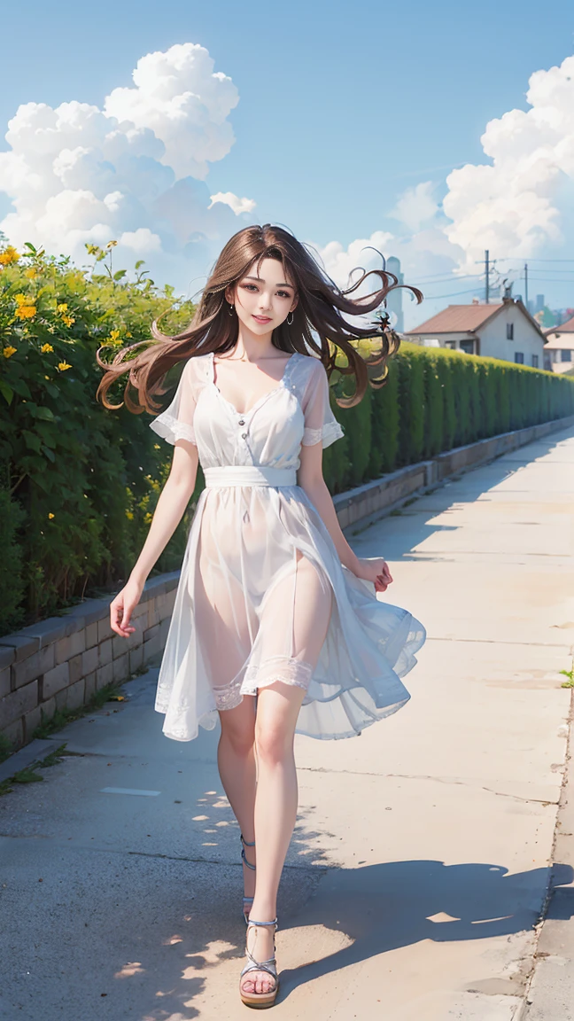 (Highest quality、 8k 、masterpiece、High resolution)、young woman、Medium chest、Slender beauty、Brown hair medium、Hair blowing in the wind、Hair flying back、Full Body Shot、It&#39;s dynamic、 (Beautiful Face,Beautiful eyes,Beautiful nose,Pretty lips)、A clean eyeliner、(Basic Fashion、Loose dressing)、Earrings、necklace、Her mouth opens slightly and a smile appears.、looking at the camera、Professional Lighting、Professional photographer、Outdoor、garden、Multicolored rose flowers、Detailed CG、