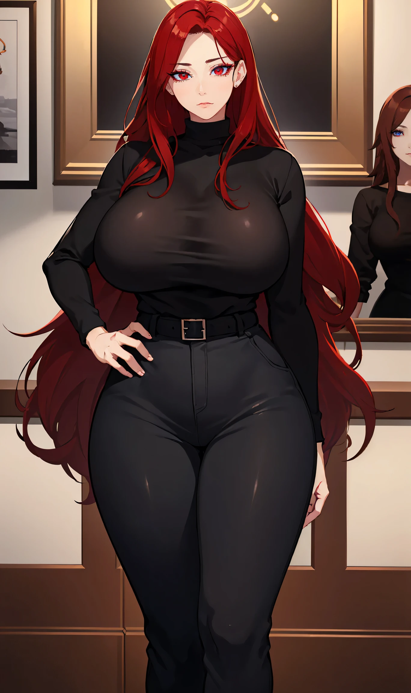 (Uhd, Masterpiece, Textured Skin, Super Detail, High Details, High Quality, Best Quality), Detailed Face, 1woman, mature pretty woman, Long red hair, (black sweater), (black pants), (Huge Body:1.5, tall), standing, (Low-sized breasts)