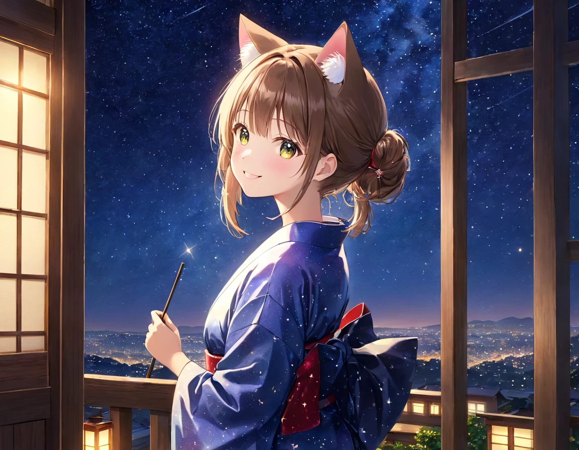 night, Starry Sky,Cute Yukata,Gazing at the sky,Cat ears and tail,high school girl,smile,Glitter effect,Highest quality, 8k, High resolution, masterpiece:1.2, Very detailed, Realistic:1.37, High resolution, 超High resolution, Ultra-fine painting, Very detailed, Professional, Vibrant colors