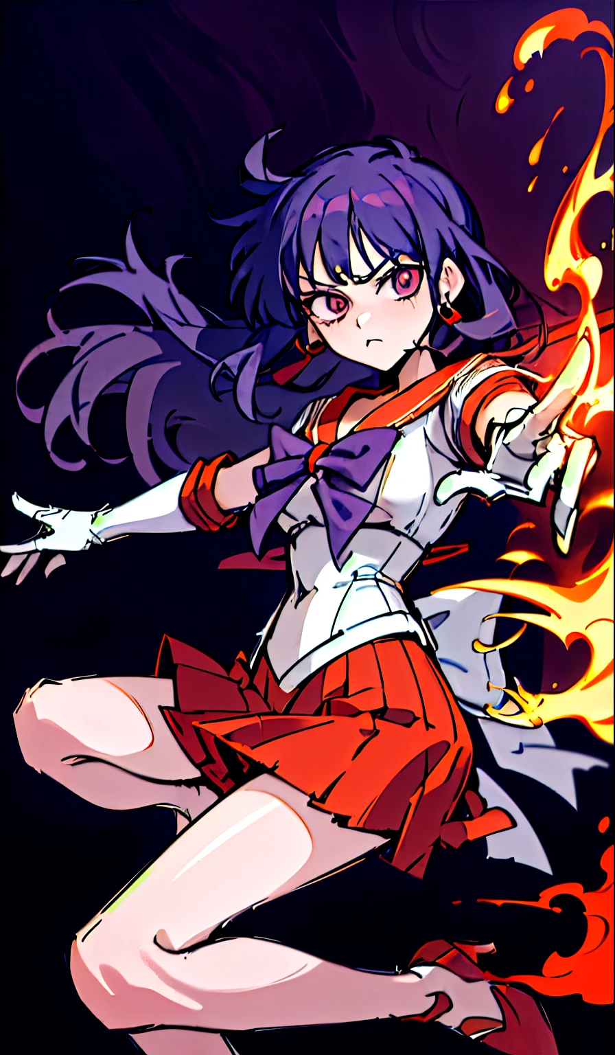 1 Girl,Long hair, (high quality,8K,Black Hair, Practical, best quality,masterpiece,Extremely detailed, absurd)1.5,((SAMA1, Headdress, Sailor warrior, White gloves, Red sailor collar, Red Skirt)),of the night city,White gloves,Purple bow,Purple Eye, (Wizarding World,fire),High heels,