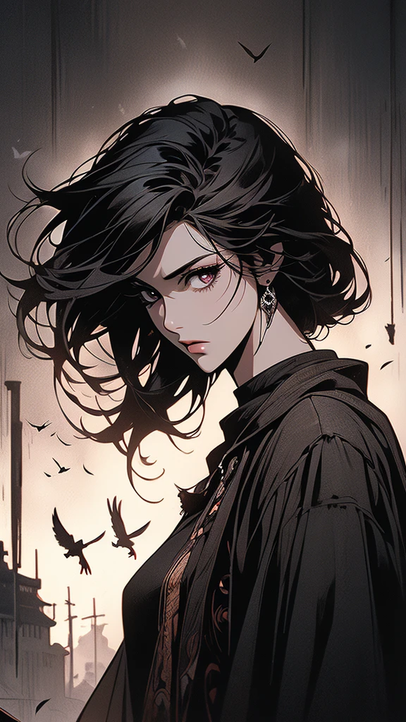masterpiece,best quality,ultra-detailed,2girl,solo,crow,upper body,dark style,black hair,black clothes,standing,horror theme,