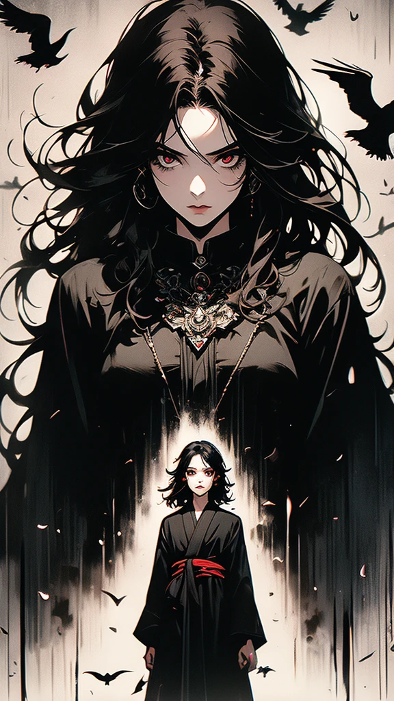 masterpiece,best quality,ultra-detailed,2girl,solo,crow,upper body,dark style,black hair,black clothes,standing,horror theme,
