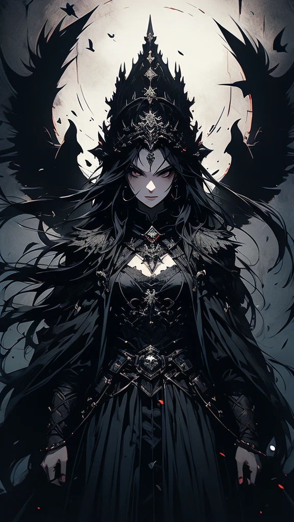 masterpiece,best quality,ultra-detailed,2girl,solo,crow,upper body,dark style,black hair,black clothes,standing,horror theme,