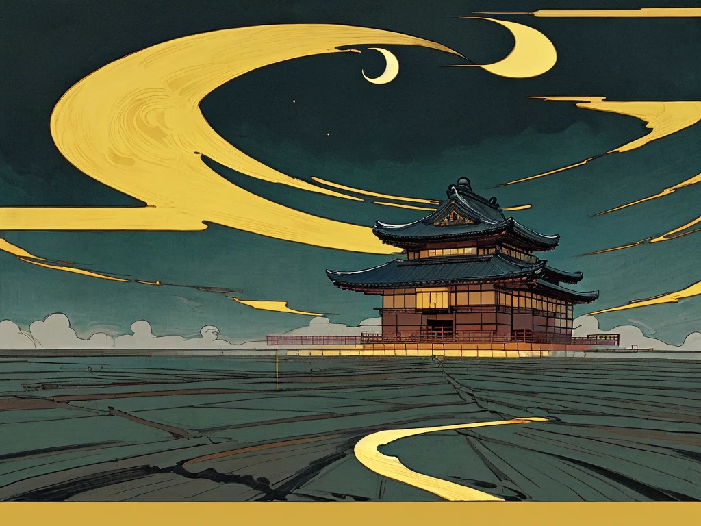 Big huge enormous single floor wide black japanese traditional house, golden crescent moon flag on the top, black dark, anime art, soft art