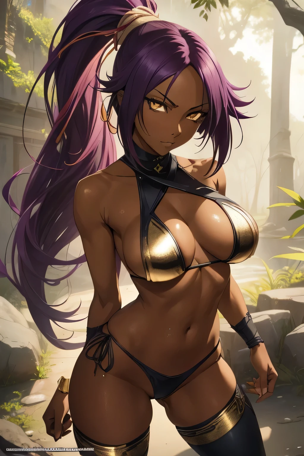 yoruichi shihouin, dark skin, long dark hair, ponytail, gold eyes, ((detailed eyes:1.2)), large breasts, nsfw, wearing slingshot bikini, sexy, sensual, masterpiece, top quality, best quality, official art, beautiful and aesthetic:1.2), extreme detailed, colorful, highest detailed