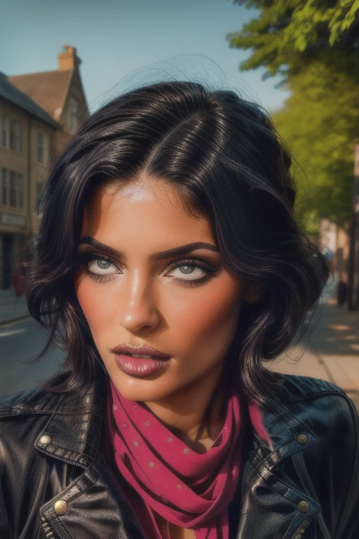 village1,1 girl, One, (realistic),(hyperrealism),(Best quality),(masterpiece),(ultra high resolution),(photorealistic),(granularity),(upper body),Eye makeup,detailed eyes,detailed face,black leather jacket, scarf, posing for a photo, on open air, 