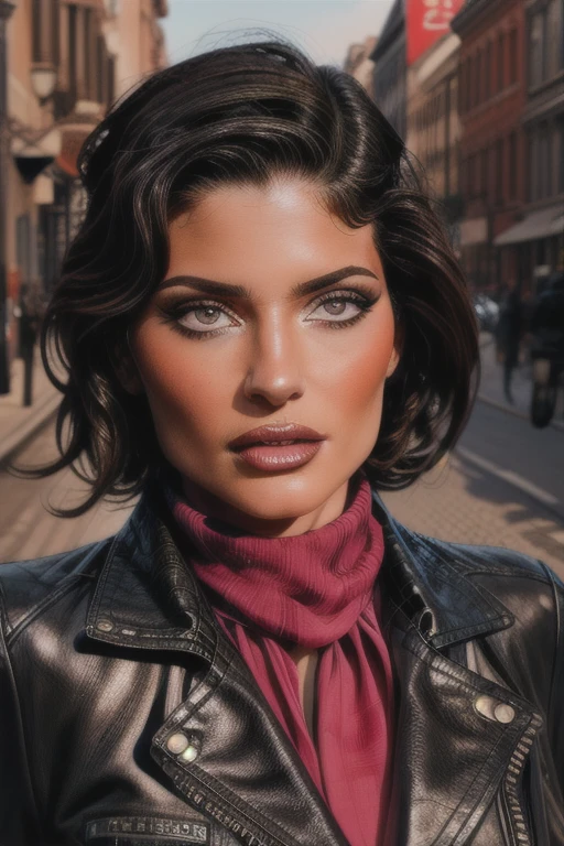 village1,1 girl, One, (realistic),(hyperrealism),(Best quality),(masterpiece),(ultra high resolution),(photorealistic),(granularity),(upper body),Eye makeup,detailed eyes,detailed face,black leather jacket, scarf, posing for a photo, on open air, 