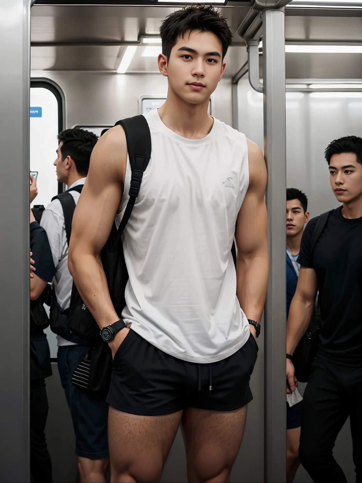 1 person,A 20-year-old man in the subway,Standing in a subway car,Ultra-flat head,White skinny sleeveless T-shirt,Wear yours with grey micro shorts,huge bulge, leg apart,musculous,Handsome,Look at your phone,Wear AirPods,Wear an Apple Watch,Sport backpack,white short socks,White sneakers,pervert smirk,exhilarated,full bodyesbian,Exposing thighs,Expose calves,Thick leg hair,In crowded subway cars,gentlesoftlighting,tmasterpiece,best qualtiy,8K UHD,digital SLR camera,filmgrain,Fujifilm XT3 Realistic painting art,Written by Midjourney and Greg Rutkowski