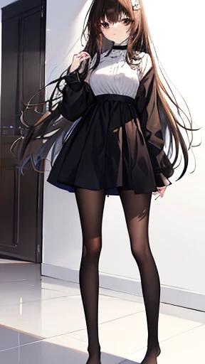 Highest quality, masterpiece, High resolution, (whole body), front, Symmetric, Mature Tall , alone, (whole body from head to toe), big long hair, slightly Messy Hair, (black tight track pantyhose), Black Pantyhose, Naked, slim and beautiful legs, A very beautiful and tall , ((No shoes)) , Shy big eyes, ( (Brown Hair)), (bangs), Messy Hair, (Hair Clip), Looking into the camera