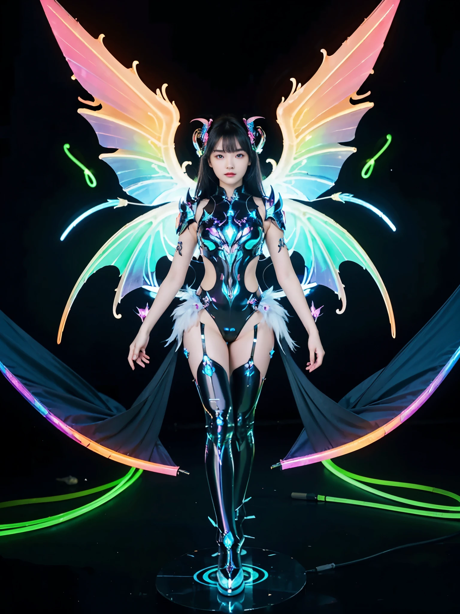 1girl, Armor, Wings, beautiful dragon, futuristic evolved Nekomata, (Neon glowing body), 2 tails, holographic, (The wings are symmetrically paired;1.5), Tricolor color body