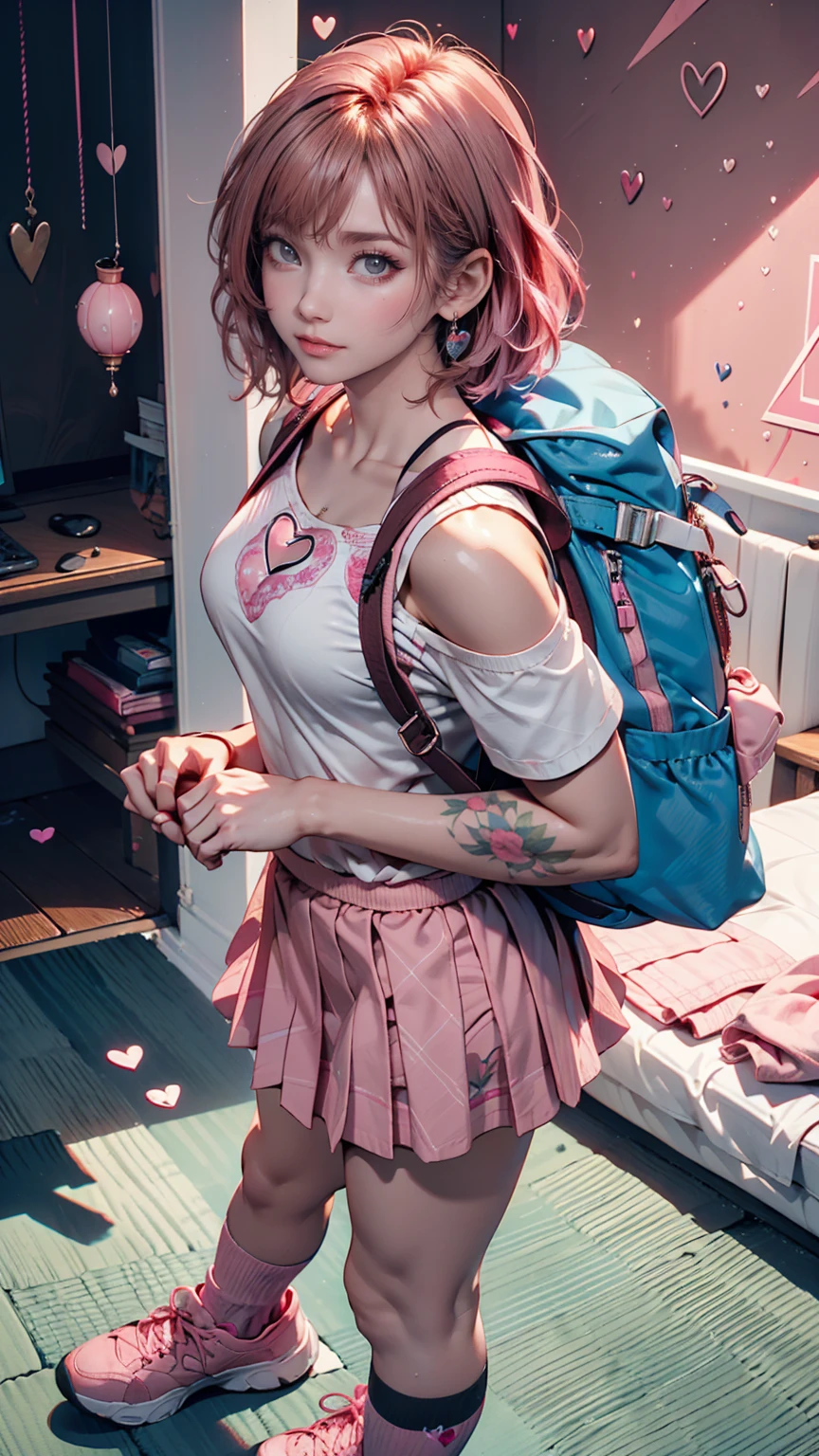 24-year-old female、Off-the-shoulder dress、Tattoo of an arrow through a heart on his chest、Top view、Pink Hair Color、Shortcuts((short hair))、Pink mini pleated skirt、pink socks、Pink athletic shoes、Pink backpack、Skyscraper background
