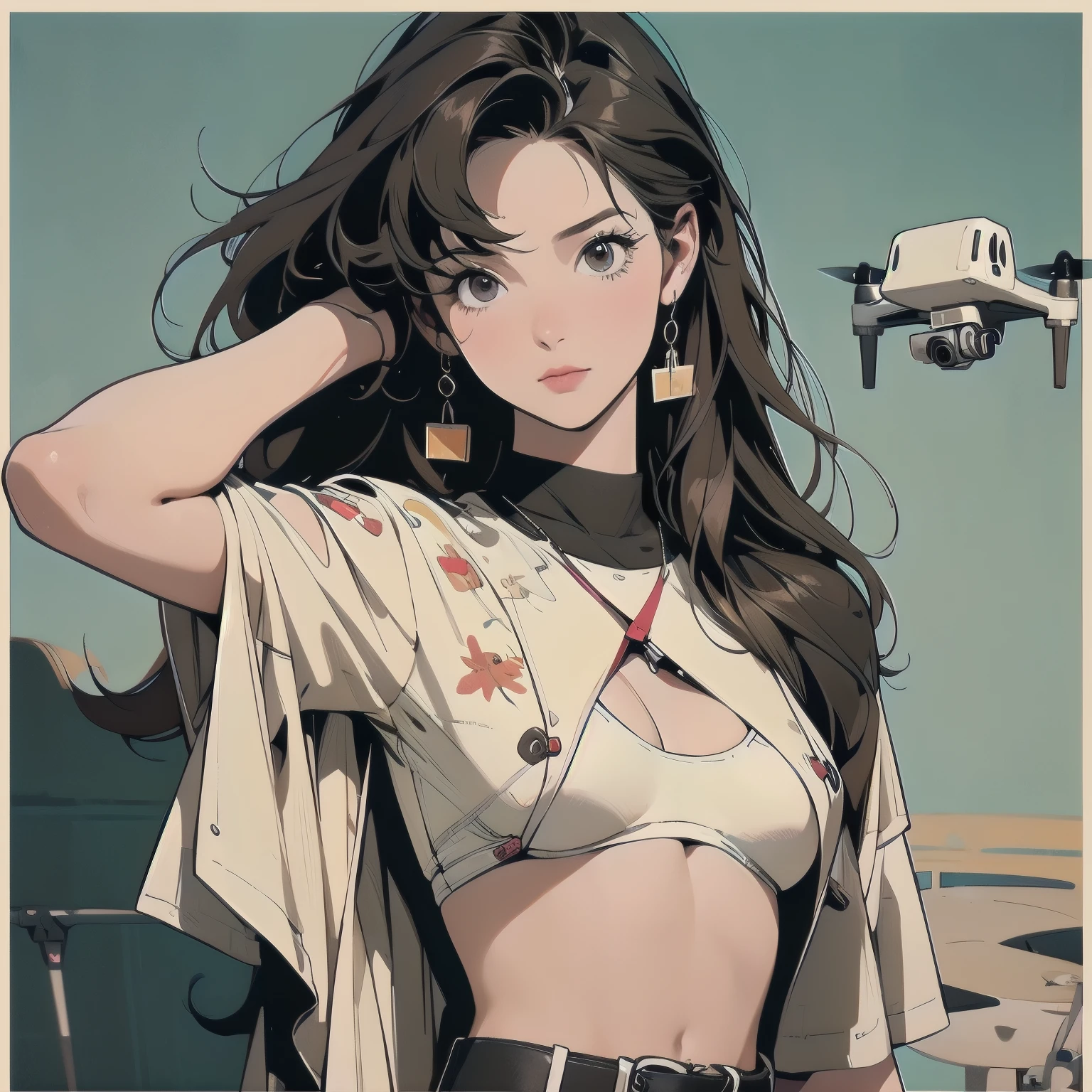 Trigun、A beautiful woman、Movie Posters、Upper Body、Model pose、mysterious、Small breasts、Brown Hair、Short sleeve、(((Detailed and complex drone)))、(((The perfect drone)))