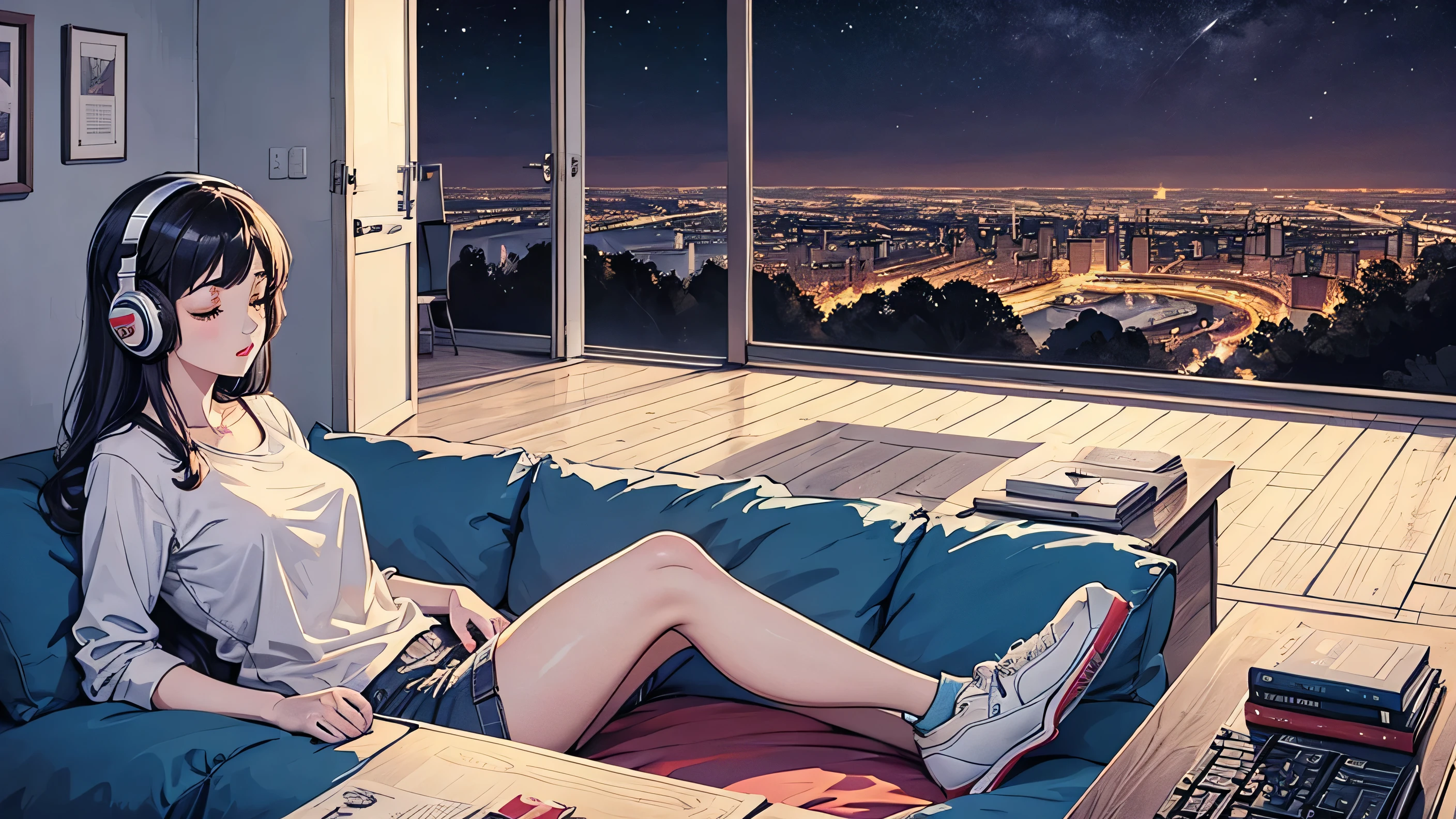 A single girl is sleeping with headphones on in a room with a beautiful night view. The scene has a retro feel.