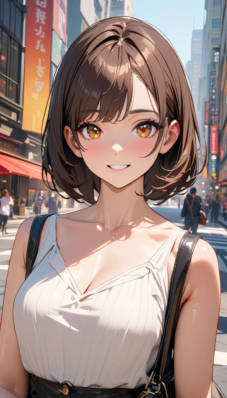 Modern, Verism, masterpiece, Textured skin, Super Detail, Highest quality, 4K, (Upper Body), Beautiful woman, Dark brown hair, White blouse , smile , Blake holding a designer bag, Explore the city