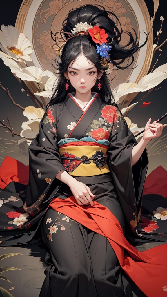 Highest quality, Pixiv, Black Hair, hair ornaments, kimono, hair flower, flower, kimono, mask, One girl, Sitting, Long Hair, with own hands, View your viewers, 6+boy, pray, multiple boy, Flower pattern print, Wide sleeves, chiaroscuro, cinematic lighting, (masterpiece:1.2), UHD, high details, best quality, highres, 8k