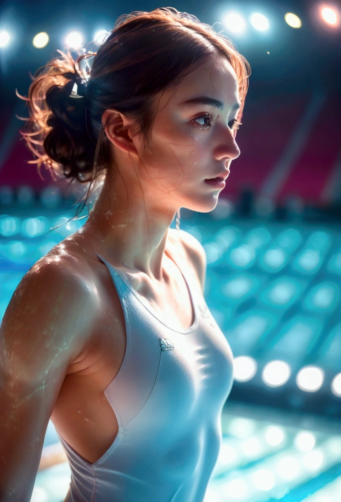 (A female athlete swimming towards the finish line in the Paris Olympic swimming stadium_Beautiful face with delicate nose, delicate eyes, delicate lips, neatly tied up hair style, pale skin), (Best quality, 4k, 8k, High resolution, Masterpiece: 1.2), Highly detailed, (Realistic, Realistic, Realistic: 1.37), White tracksuit_Intricate and detailed, Sports, People, Dynamic poses, Outdoor scenes, Stadium structures, Bright sunlight, Vivid colors