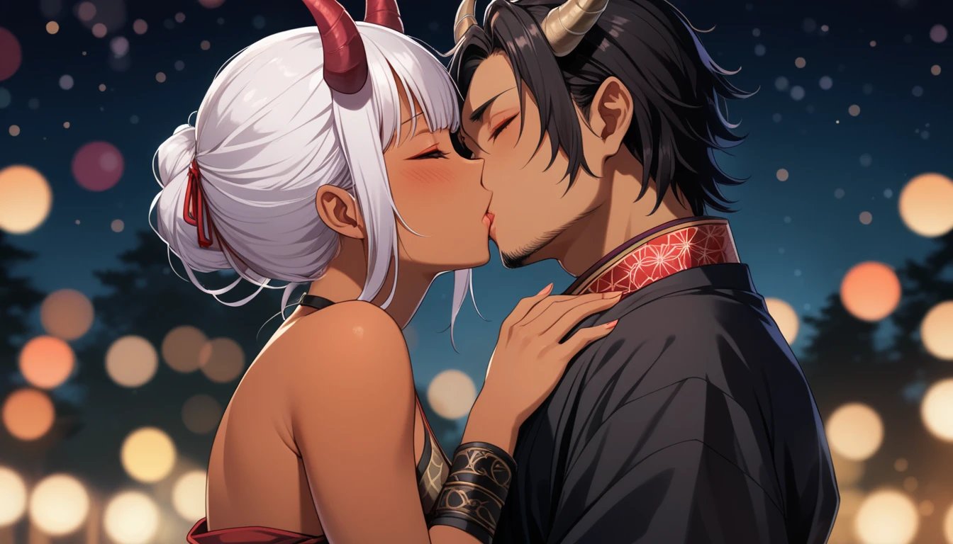 8K, RAW, best quality, masterpiece, ultra high res, colorful, portrait, (medium wide shot), (dynamic perspective), sharp focus , (depth of field, bokeh:1.3), extremely detailed eyes and face, beautiful detailed eyes, (Oni, demon, oni couple, hugs, kiss, kissing, passion, love, moment, 
(1girl, Japanese, horns, tanned skin, red skin, slander tail, wide samurai pants, geta footwear, black tight crop top, breasts bandage, medium breasts:1.5), 
(1man, Human, Caucasian, human Knight, plate armor, muscular, no horns, pale skin, stubble, short black hair:1.5),
near campfire, lean back to tree, looking at viewer, facing viewer, right side view, forest background, dark forest, night time