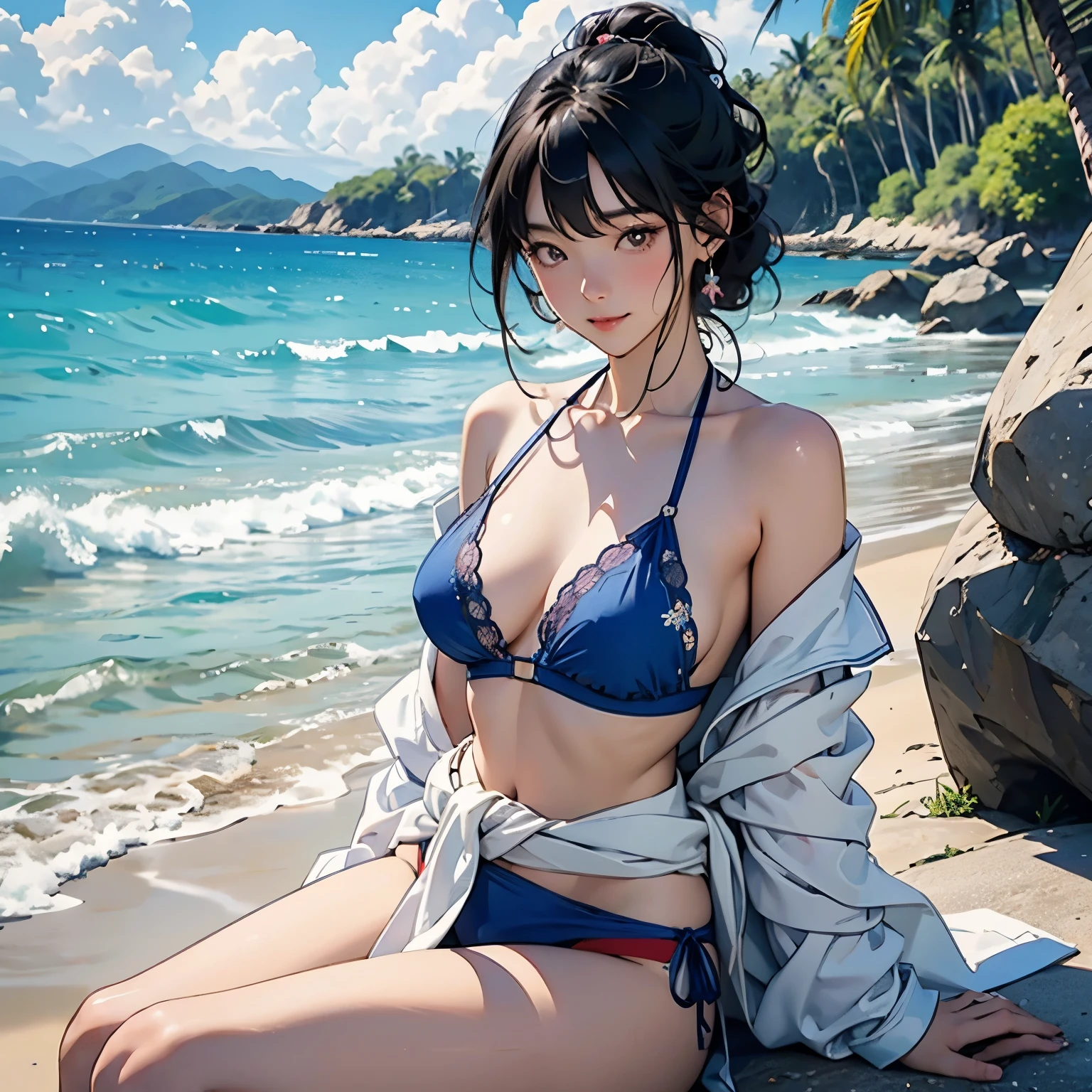 Beautiful 18 year old Japanese woman、Hair color is black、black eye、Medium Hair、Straight hair、smile、Slim but well-proportioned body,、sitting on a rock on the shore、Beautiful blue sky and white clouds、summer、Lace Bikini，Bikini Swimwear、(A pareo wrapped around the waist in bold primary colors and ethnic patterns)、The sea is beautiful、The horizon is beautiful、An island is visible offshore