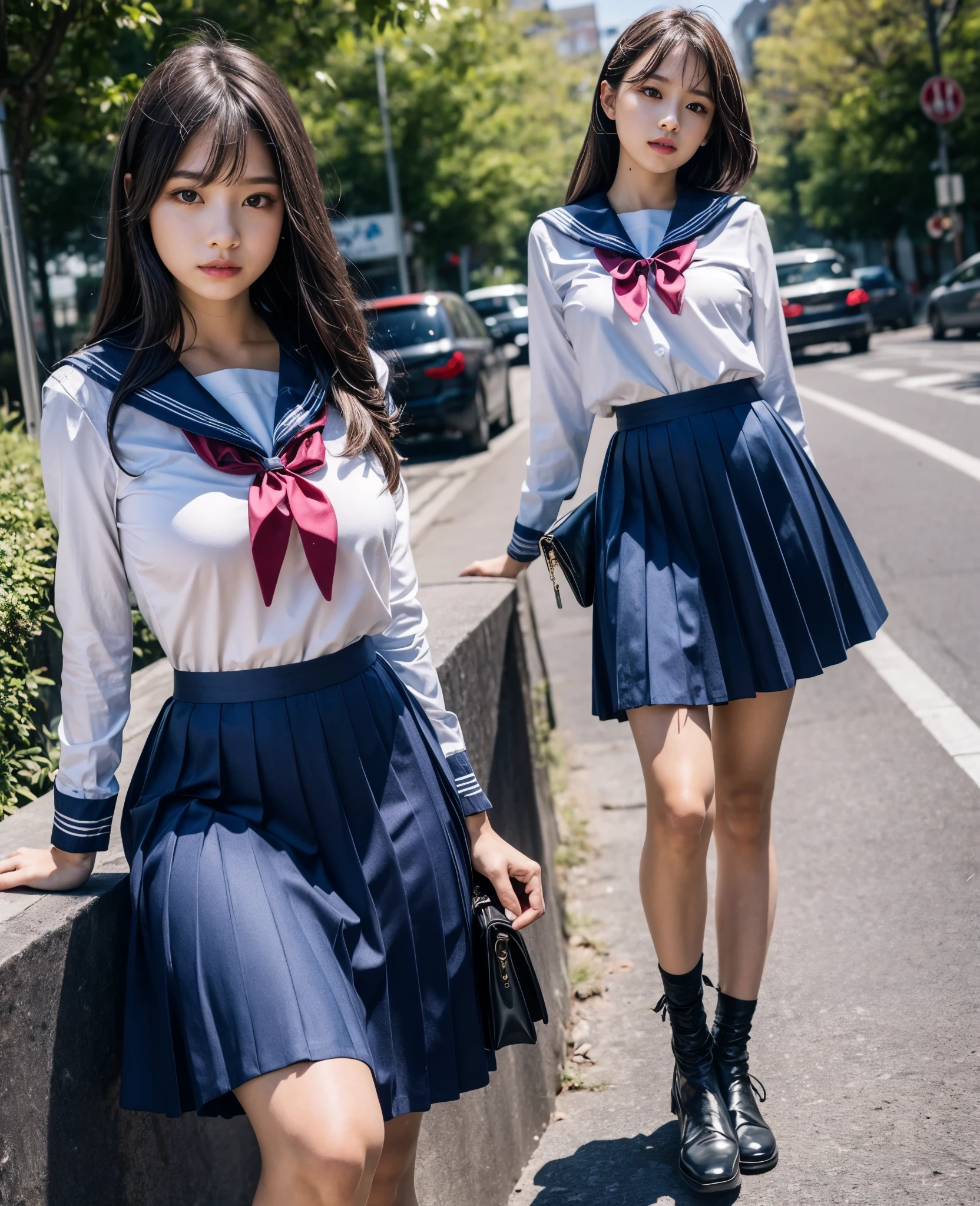 1girl, 18yo girl, sailor uniform, ((ankle length long skirt)), at the bus stop, big breast size, detailed face, beautiful eyes, long eyelashes, delicate facial features, serene expression, soft natural lighting, pastel colors, realistic, photorealistic, 8k, high quality, masterpiece