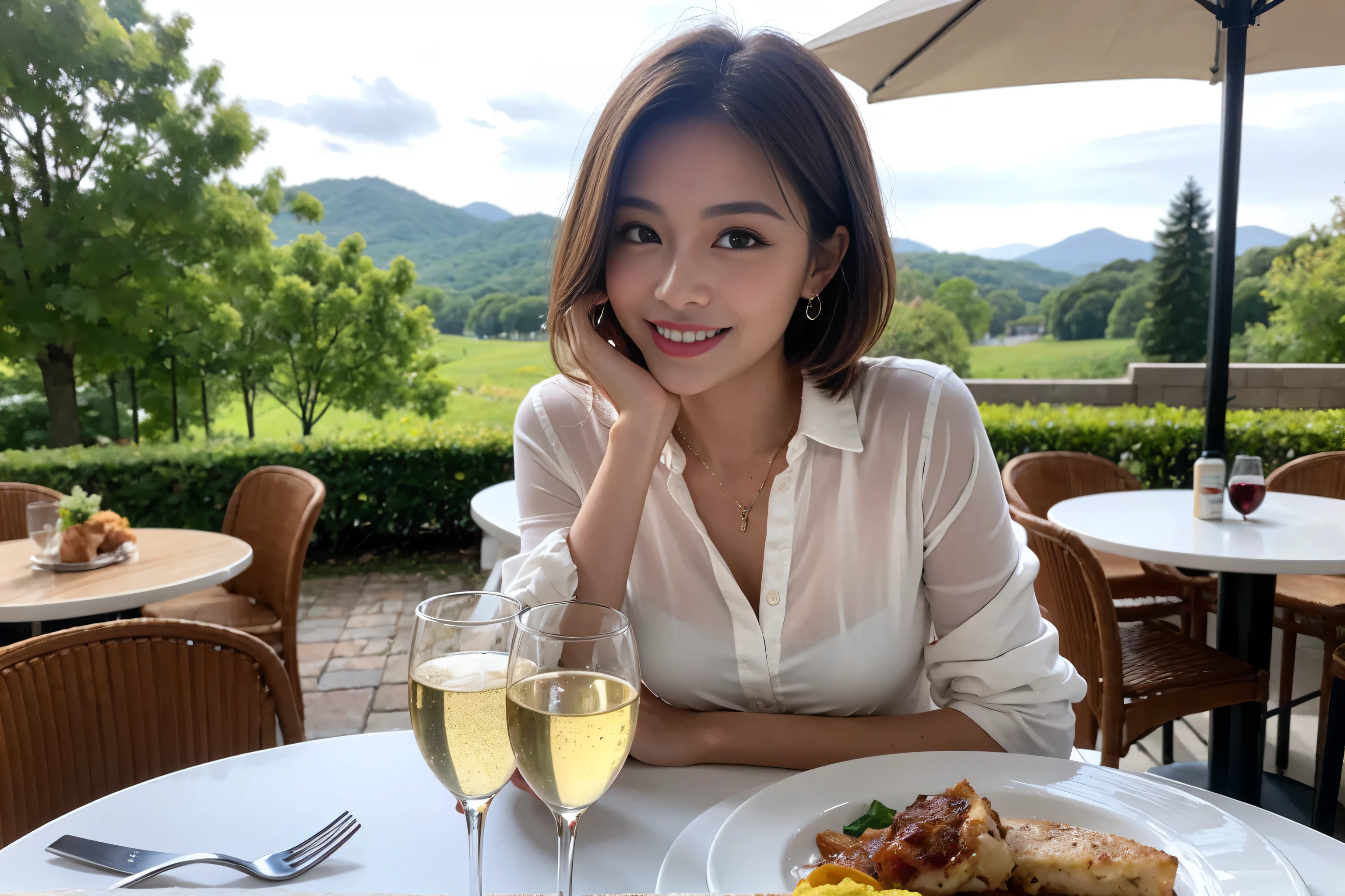 ((Highest quality、8k、masterpiece:1.3))、cute、Slim couple、Model Couple、Actress、(Realistic, Intricate details:1.2), full-course dinner、Wine Party、Amazing view of the sunset sky and clouds、A bright smile、short hair,Bright Face、 (45 years old), 48 years old, red wine 、Appetizers、Italian food、Wine bottle、Champagne、sparkling wine、Two beauties、Brown Hair、Shortcuts、Long sleeve shirt、dress、Beautiful woman 1, (Slim face), (The body is slim), (Brown Hair), (Shortcuts), cheeks turn a little red,Attractive beauty、restaurant, In a prominent place (From the waist up) Nova Frog Style, actress, model, Upper Body, White wine, slim, wine glass, A wine glass placed in the center, smile, (smile: 1.15), Beautiful fine grain, Depth f/2,saturation, High Contrast, Strong light and shadow,Moist Body:1.5、3D texture、Delicate eyes、Brown Hair、The hair is very shiny、