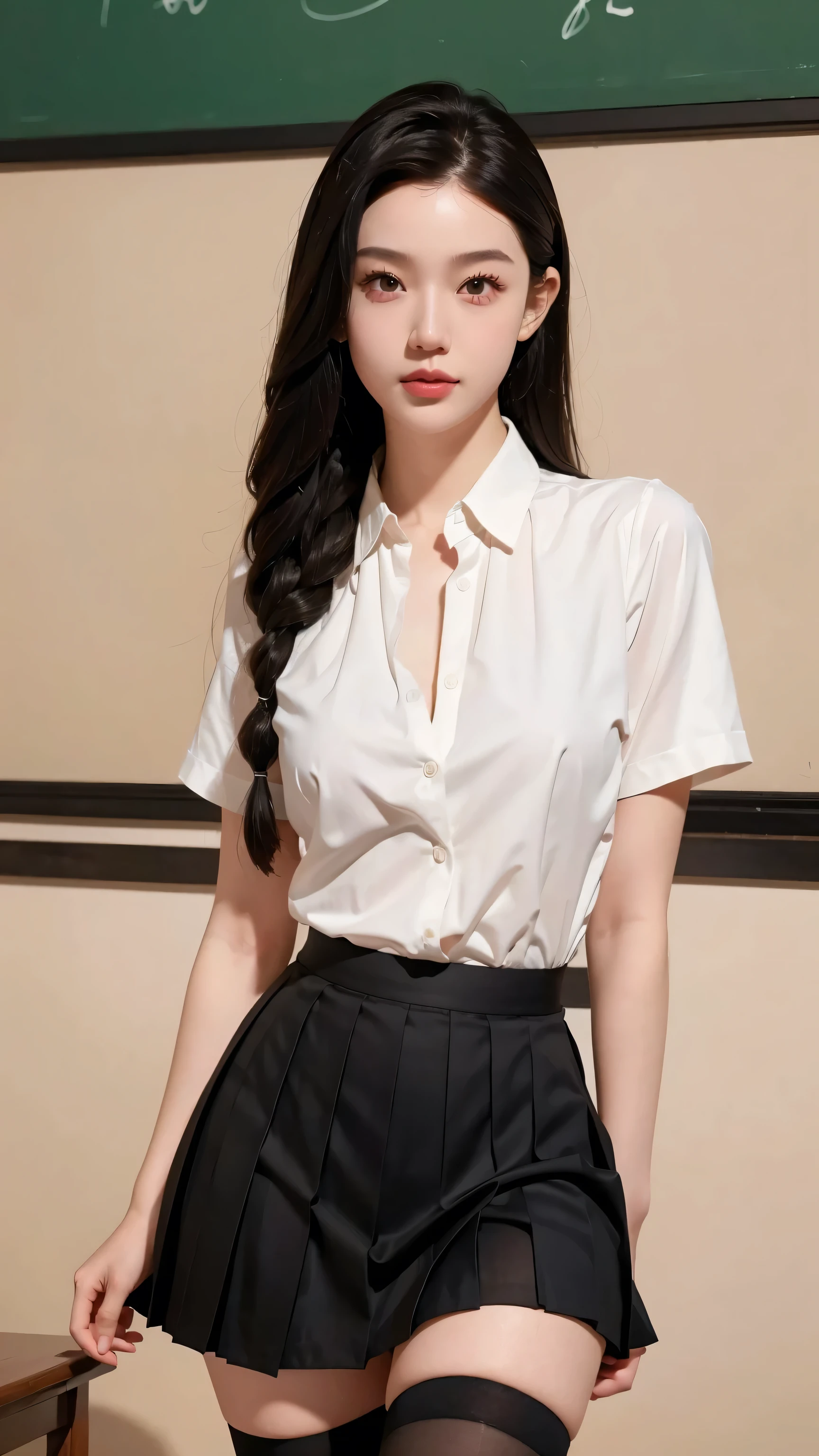 ((RAW photograph, Realistic photo, Best quality, 8K, Masterpiece: 1.3)), (raw photo:1.2), Hyperrealist portrait gorgeous Beautiful Chinese girl, teen girl, s old, (pretty small teen body, beautiful flat breasts: 1.2), very detailed eyes and face, (lustfully naughty face, crimson red lip, Dewy Glow makeup: 1.3, blushing), beautiful detailed eyes, seductive sharp eyes, (charming smile: 1), smooth white skin, photo realistic, very detailed faces, ((school uniform), (unbuttoned a white shirt)), ((black pleated skirt: 1.2), (black stockings: 1.3)), (long legs: 1.2, beautiful long nails), loose curls hairstyle, (standing pose), (modern classroom background)