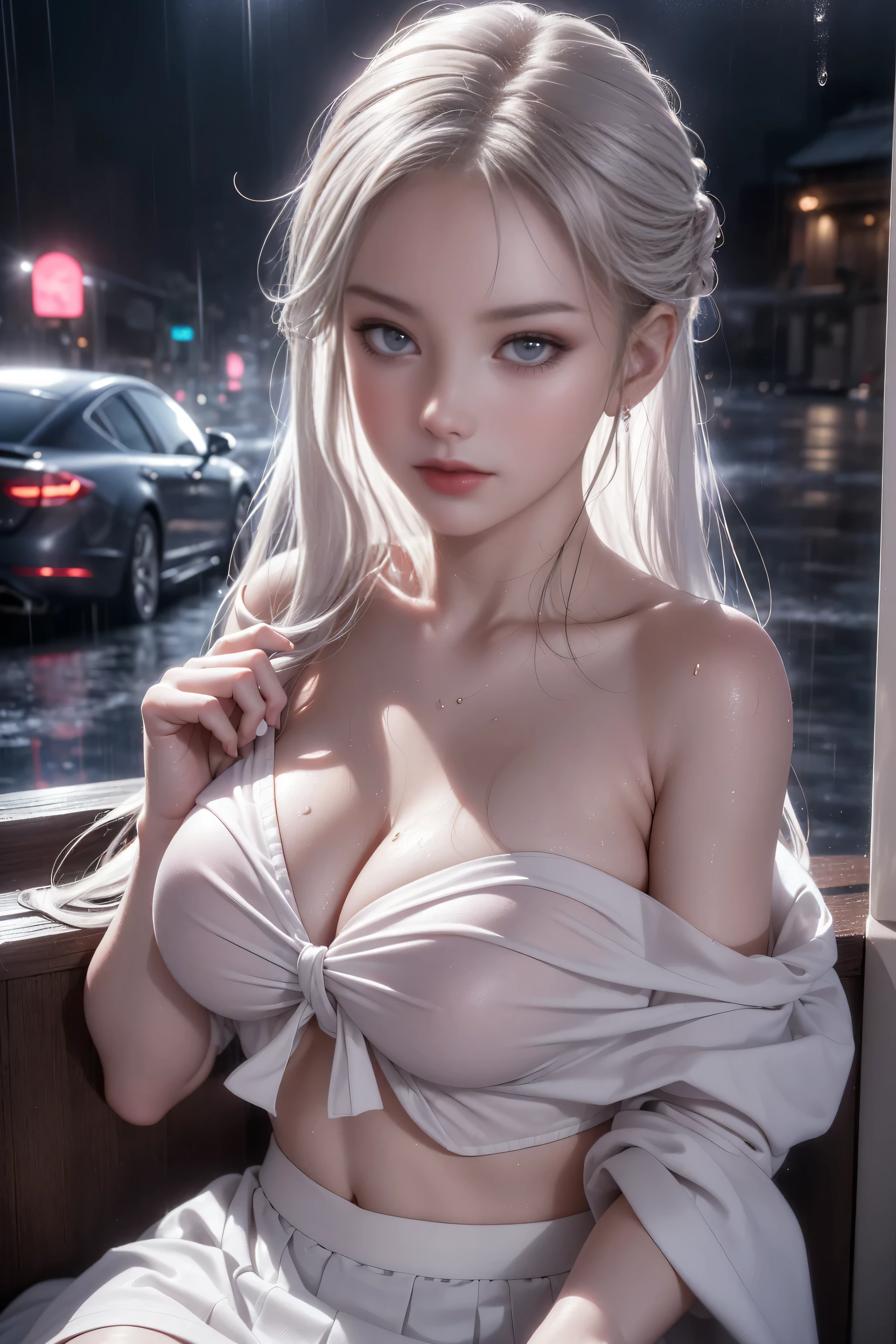 (RAW shooting、Photorealistic:1.5、8k、Highest quality、Masterpiece、Ultra-high resolution)、Perfect Dynamic Composition:1.2、Night Street Corner、Looking up at the sky:1.3、((Heavy rain caused by typhoons)))、Highly detailed skin and face textures:1.2、A slim high school girl wet with rain:1.3、Sexy beauty、Perfect Style:1.2、Aesthetic and beautiful、Fair skin、Very beautiful face、(Rain dripping all over my body(RAW shooting, Photorealistic:1.5, 8k, Highest quality, masterpiece, Ultra-high resolution), Perfect dynamic composition:1.2, Night Street Corner, Looking up at the sky:1.3, (((Heavy rain from a typhoon))), Highly detailed skin and facial textures:1. 2, A slim high school girl wet with rain:1.3, Sexy beauty, Perfect Style:1.2, Aesthetic and beautiful, Fair skin, Very beautiful face, (Rain dripping all over my body:1. 2, Wet Hair:1.4, Wet Hair:1. 2）、Water droplets on the skin、（Medium chest、Chest gap）、（Shy laugh、The expression when feeling intense caressing、Facial expression when feeling pleasure）、（Beautiful blue eyes)、perfect body、Perfect fingertips（Girl sitting on train seat）、Highest quality works、Live-action work、Ultra Premium Graphics、8K HD CG Works、High Quality Graphics、High-definition CG works、10x pixels、Ultra-fine details：1. 1、Advanced technical details：1.1、Photorealistic、Indoor Lighting Effects：1.5、Natural light：1.5。Lighting Effects（Virtual Lighting Effects：1. 8），（Thin eyebrows），（High nose），（Clean red lips），（Rose Cheeks），（Subtle makeup face），（Girl），（Cute face），（Perfectly balanced face），（Light-toned foundation），（Enhances the clarity of the skin）((Off the shoulder、Translucent wet white blouse、loose red tie、Navy blue checked skirt)).（ Wet light blue bra、Pink nipples)、Clothes with a lovely swirl pattern design、Iris Heterochromatic Eyes、Silver Haired Girl、Off the shoulder wallpaper HD、((Nipples))、(Puffy eyes:1. 2)、(Thin legs)、(Light on face and chest)、((((underboob))))、underboob、Oily skin、Skinny、(the underside of the chest is slightly visible)、 (I can see the underboob、Belly button and ribs visible）、The hips and lower abdomen are visible、(Skirts fly up),(Lift-up skirt),((White panties are visible)),
40k, photograph, On the table, Highest quality, Rain Background, ((Light Hair Girl, She has a beautiful face and、Wear glasses, 