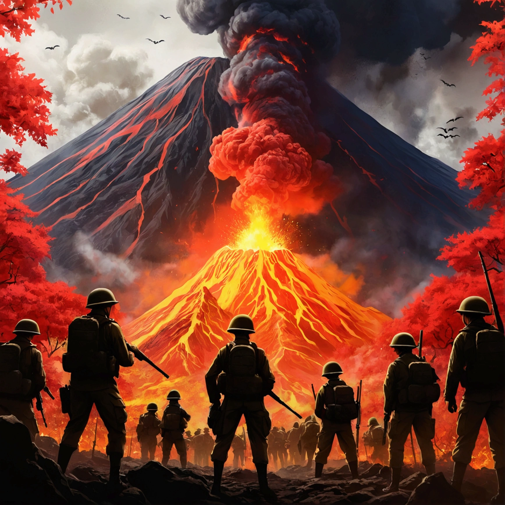 Troops advanced,Surrounded by red and yellow flames,Halloween pumpkin pile、Below is a volcano,Red and yellow flames erupted from the top center of the volcano.。,The soldiers are in the smoke of war,Faith Light Poster,Under Art, Official artwork, Light of Hell, Official Poster Artwork ,Anime still film Anime colored paper,Neza's painting style