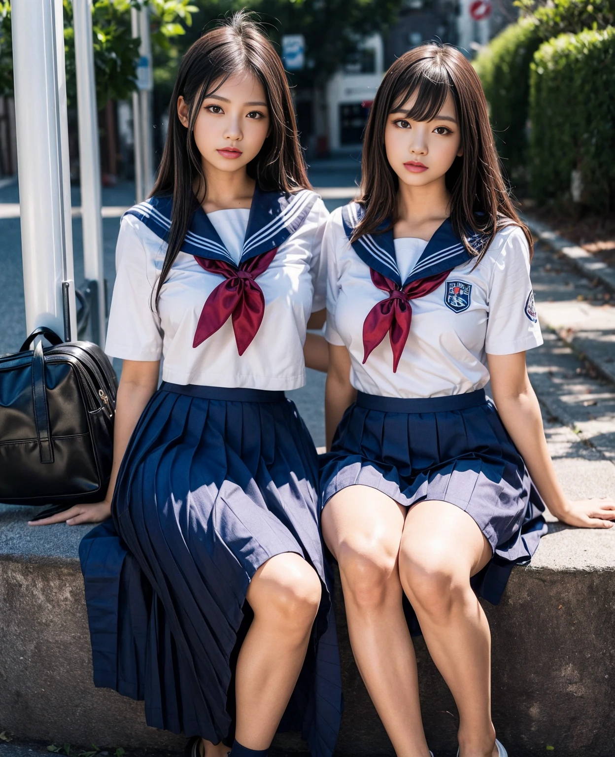 1girl, 18yo girl, sailor uniform, ((ankle length long skirt)), at the bus stop, big breast size, detailed face, beautiful eyes, long eyelashes, delicate facial features, serene expression, soft natural lighting, pastel colors, realistic, photorealistic, 8k, high quality, masterpiece