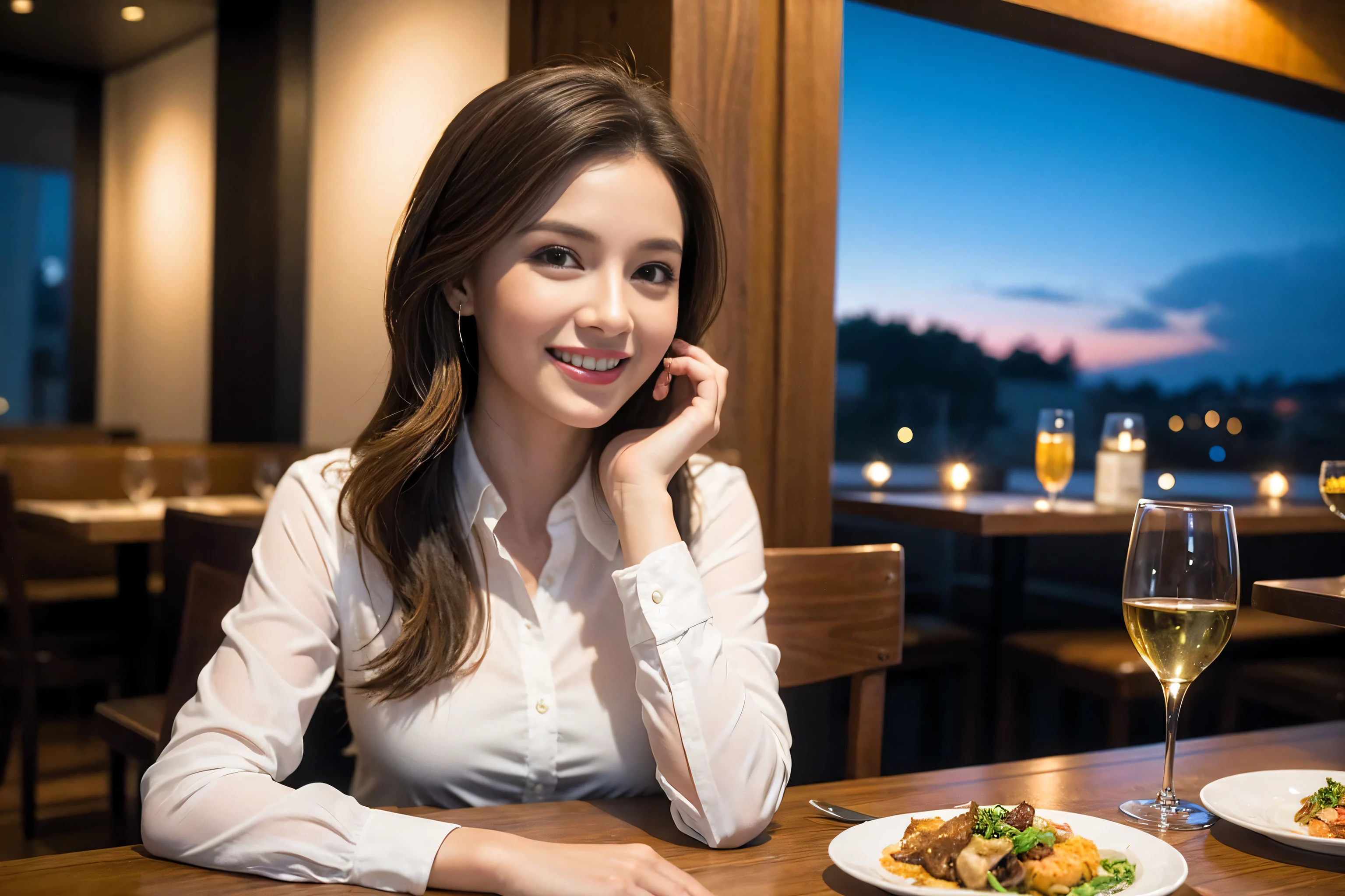 ((Highest quality、8k、masterpiece:1.3))、cute、Slim couple、Model Couple、Actress、(Realistic, Intricate details:1.2), full-course dinner、Wine Party、Amazing view of the sunset sky and clouds、A bright smile、short hair,Bright Face、 (45 years old), 42 years old, red wine 、Appetizers、Italian food、Wine bottle、Champagne、sparkling wine、Two beauties、Brown Hair、Shortcuts、Long sleeve shirt、dress、Beautiful woman 1, (Slim face), (The body is slim), (Brown Hair), (Shortcuts), cheeks turn a little red,Attractive beauty、restaurant, In a prominent place (From the waist up) Nova Frog Style, actress, model, Upper Body, White wine, slim, wine glass, A wine glass placed in the center, smile, (smile: 1.15), Beautiful fine grain, Depth f/2,saturation, High Contrast, Strong light and shadow,Moist Body:1.5、3D texture、Delicate eyes、Brown Hair、The hair is very shiny、
