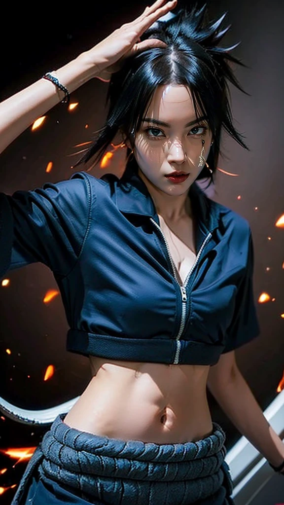 Moisturized skin, (red eyes), realistic body, (adult female body), energetic, (16 years old), (girl), crop top,
BREAK,
bright red lipstick, (beautiful navel), (black hair), beautiful hair, (Uchiha Sasuke's clothes), (leather), mini skirt,
BREAK,
((masterpiece + highest quality + high resolution + highly detailed)), (full body: 1.2), symmetrical, one shot,
BREAK,
(electric shock), (wind blows), (blue electricity), (battle stance: 1.4),
BREAK,
assassination, kunai, fantastical, dynamic,