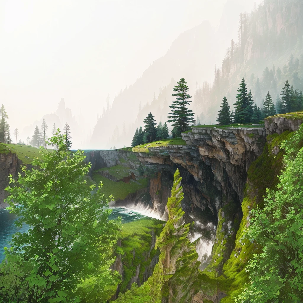 there is a bear that is standing on a cliff by the water, detailed trees and cliffs, trees and cliffs, cliff side, photorealistic landscape, detailed scenic view, beautiful render of a landscape, cliffside, river flowing through a wall, hyperrealistic landscape, inspired by Henri Biva, forest and river, mist from waterfall, landscape perspective, rocky cliff