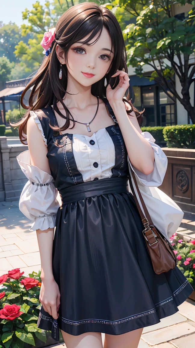 (Highest quality、 8k 、masterpiece、High resolution)、young woman、Medium chest、Slender beauty、Brown hair medium、Hair blowing in the wind、Hair flying back、Full Body Shot、 (Beautiful Face,Beautiful eyes,Beautiful nose,Pretty lips)、A clean eyeliner、(Basic Fashion、Loose dressing)、Earrings、necklace、Her mouth opens slightly and a smile appears.、looking at the camera、Professional Lighting、Professional photographer、Outdoor、garden、Multicolored rose flowers、Detailed CG、