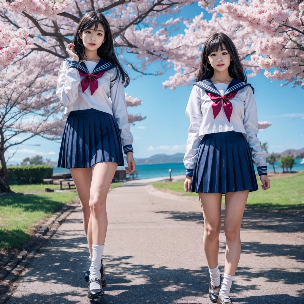 1girl,18yo girl,sailor uniform,((ankle length skirt)),beautiful detailed eyes,beautiful detailed lips,extremely detailed face,longeyelashes,outdoor,cherry blossom tree,sakura petals,natural lighting,vibrant colors,realistic,photorealistic,photo-realistic:1.37,best quality,8k,masterpiece:1.2,ultra-detailed,studio lighting,vivid colors