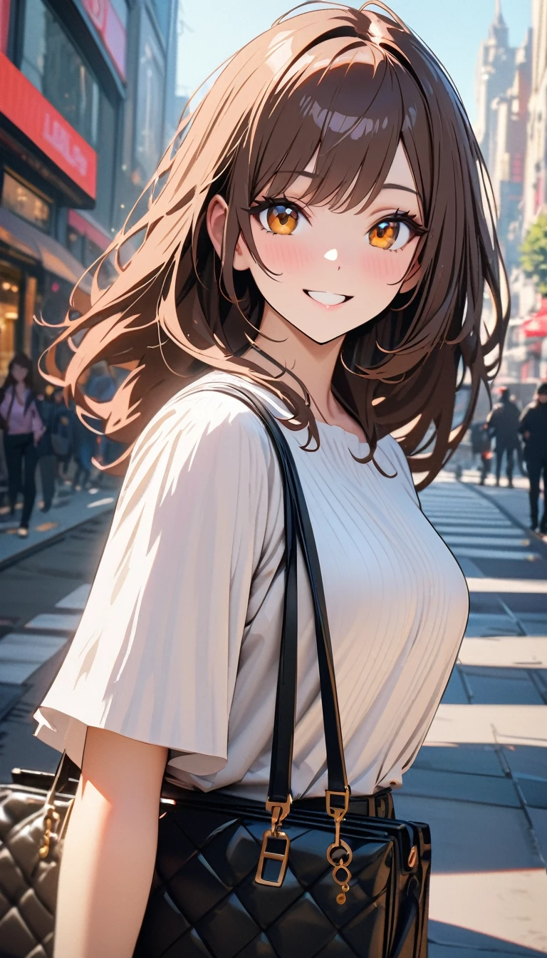 Modern, Verism, masterpiece, Textured skin, Super Detail, Highest quality, 4K, (Upper Body), Beautiful woman, Dark brown hair, White blouse , smile , Blake holding a designer bag, Explore the city