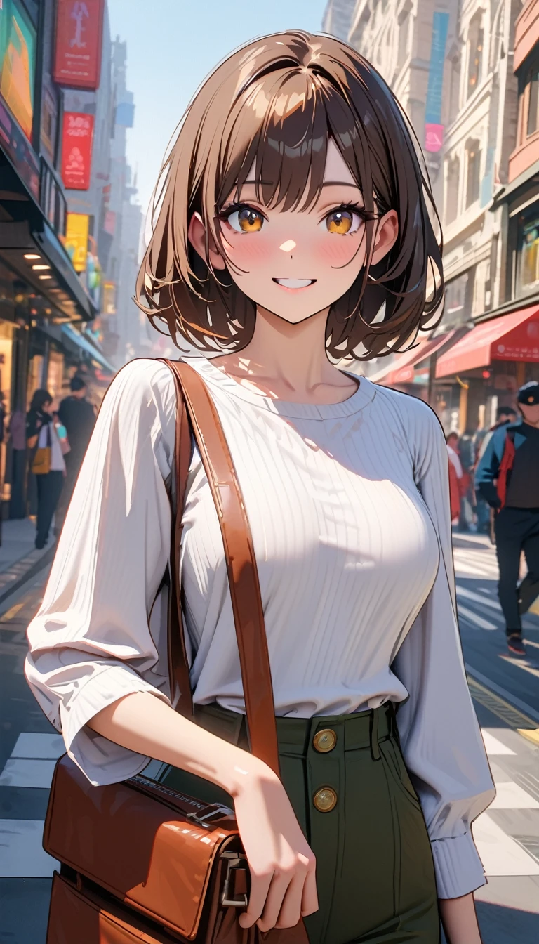 Modern, Verism, masterpiece, Textured skin, Super Detail, Highest quality, 4K, (Upper Body), Beautiful woman, Dark brown hair, White blouse , smile , Blake holding a designer bag, Explore the city