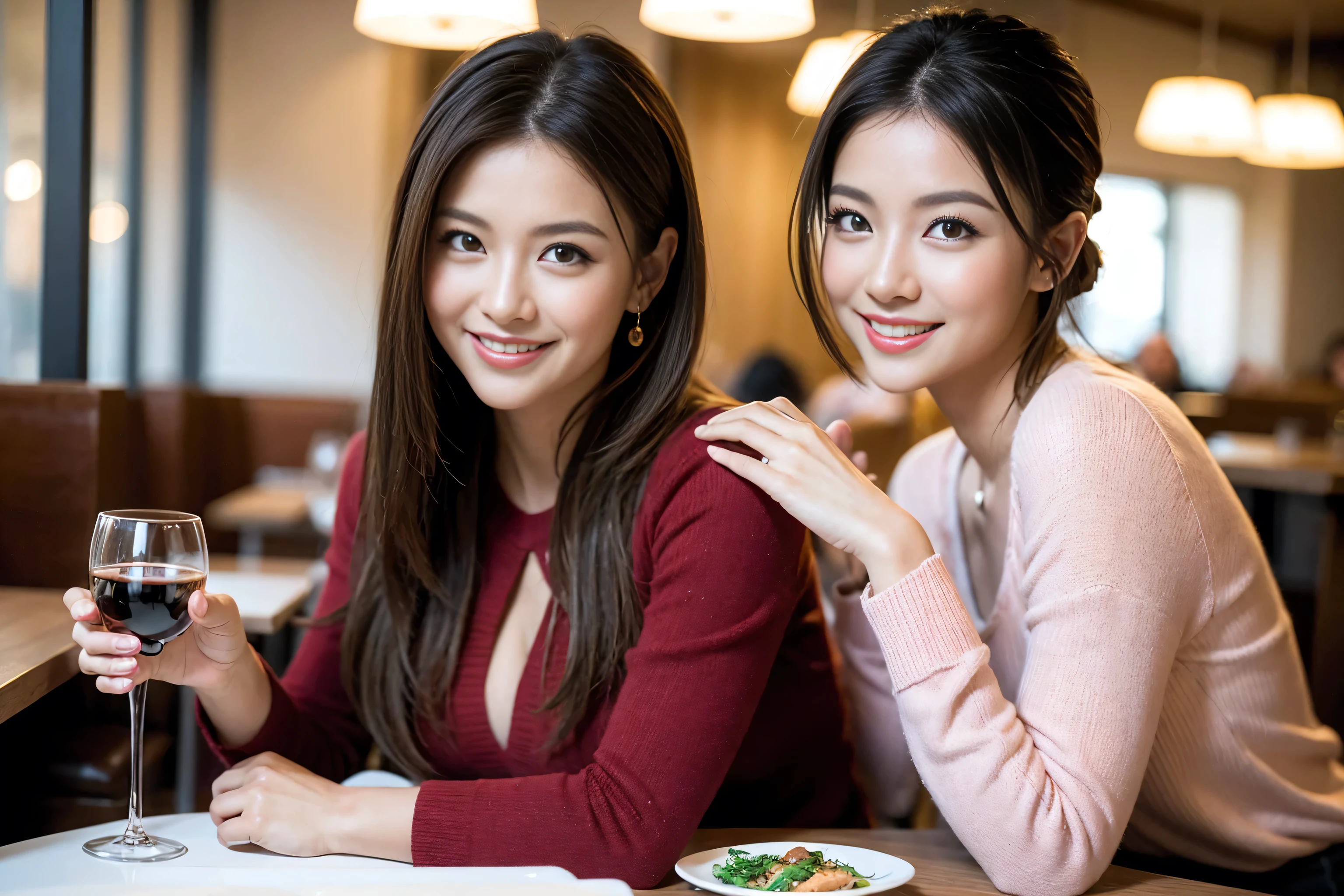 ((Highest quality、8k、masterpiece:1.3))、cute、Slim couple、Model Couple、Actress、(Realistic, Intricate details:1.2), full-course dinner、Wine Party、Amazing view of the sunset sky and clouds、A bright smile、short hair,Bright Face、 (45 years old), 42 years old, red wine 、Appetizers、Italian food、Wine bottle、Champagne、sparkling wine、Two beauties、Brown Hair、Shortcuts、Long sleeve shirt、dress、Beautiful woman 1, (Slim face), (The body is slim), (Brown Hair), (Shortcuts), cheeks turn a little red,Attractive beauty、restaurant, In a prominent place (From the waist up) Nova Frog Style, actress, model, Upper Body, White wine, slim, wine glass, A wine glass placed in the center, smile, (smile: 1.15), Beautiful fine grain, Depth f/2,saturation, High Contrast, Strong light and shadow,Moist Body:1.5、3D texture、Delicate eyes、Brown Hair、The hair is very shiny、