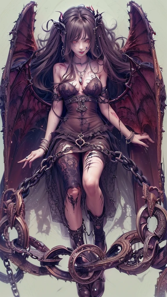 (32K:1.9, Dark fantasy:1.4, Highest quality, masterpiece, Ultra-high resolution), Perfect dynamic composition:1.3, Horror Portrait, chaos, Dark castle interior background:1.3, Prisoner, slave, Dark Demon World, Demonic, (Detailed tattoos on the whole body:1.4, wearing exquisite jewelry:1.4), Very detailedな肌と顔の質感:1.3, Very accurate, Very detailed, (y succubus demon with big wings:1.3, Incredibly slim body:1.3, beautifully、aesthetic:1.3), Horn, Fair skin, Sensual posture, first round, ((Putting Badly Torn Clothing Back on Properly:1.3)), Medium chest, (Big eyes that exude ero0.4, Feel the stimulating caress:1.0, Open your mouth a little, lipstick, Feel the eroticism:o sexy:0.9, charm的な9), ((Bloody:1.5, Covered in scars:1.5, Necrosis:1.6, Lots of big chains:1.6, Countless chains tangled in clothes:1.6, Chain your right arm:1.5, Chain the left arm:1.5, The right leg is bound with a shackle and chain:1.5, The left leg is bound with a shackle and chain:1.5)), Super long blonde curly hair, Earrings, necklace, bracelet, romantic, mysterious, elegant, Object of admiration, original, dramatic, artistic, Innovative, charm, Heartful, Fancy, Feelings of despair, sense of openness, sense of cleanliness, special, exciting, grotesque, Extreme, Tilt, sense of loss, sorrow, sorrowの表現, ((悪魔のcharm, 女性的なcharm))