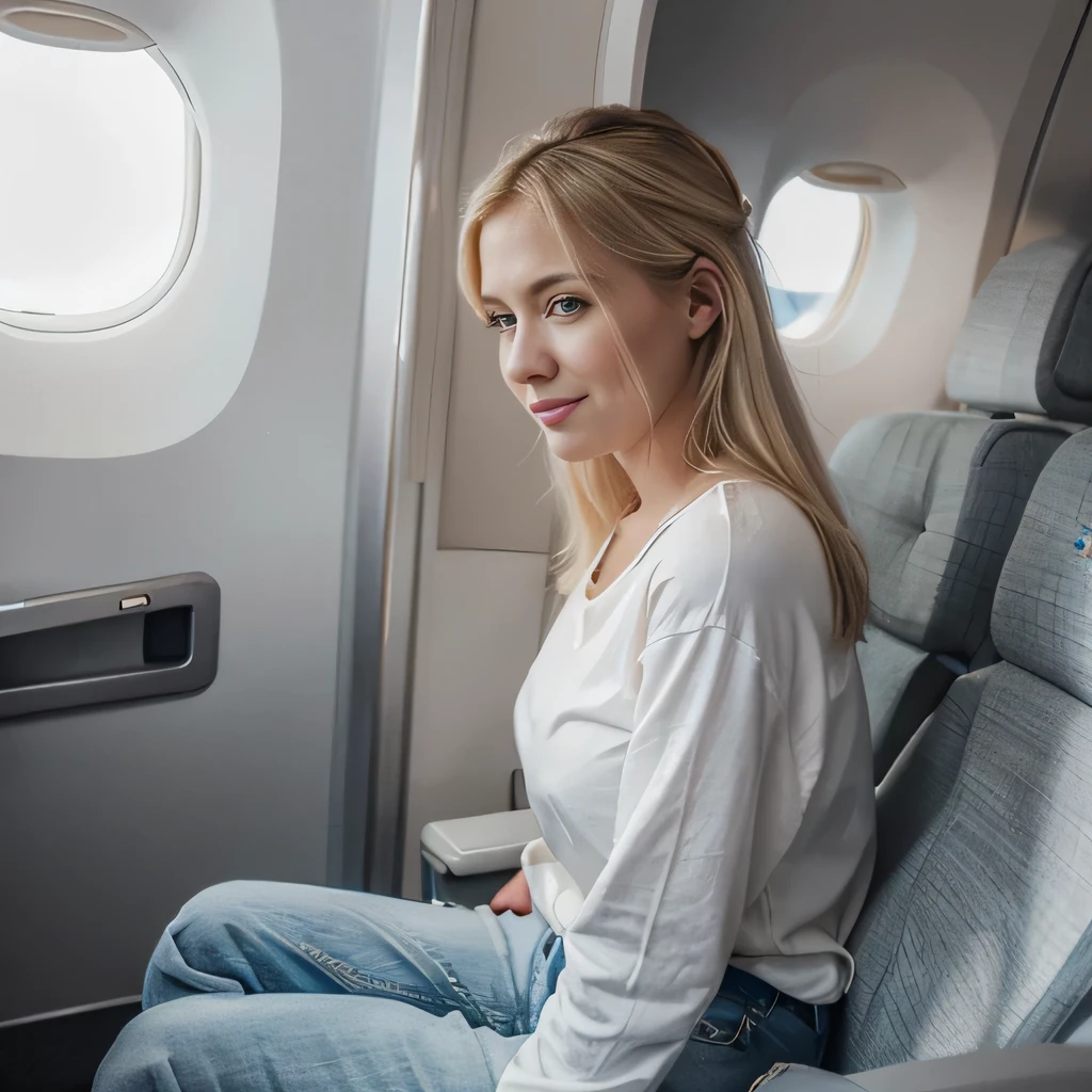 1 woman, age: 32, blonde hair. Create a realistic image of a girl on a plane (full boby), almost profile, looking out the window. She is shy, wears cosy white wide long t-short and denim Pants Casual Loose Pants Baggy Jeans Pants With Wide Leg Fashion . Romantik smile. The picture should have the quality and feel of a normal, everyday photo taken by a passenger. Realistic, ultra realism, masterpiece, full body, highly detailed