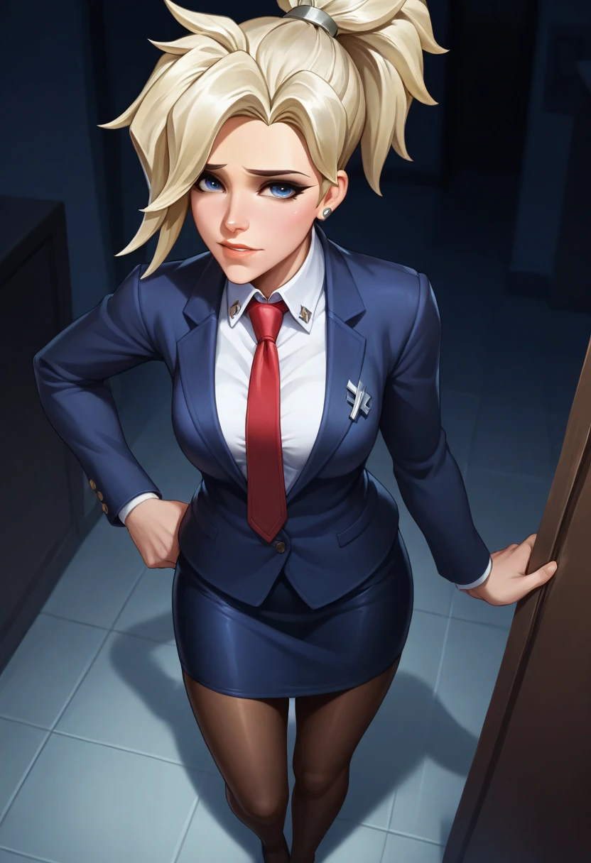 score_9, score_8_up, score_7_up,score_6_up, score_5_up, 1girl, Mercy (Overwatch), solo, pretty face, blonde hair, ponytail, light blush, light makeup, medium perky breasts, seductive eyes, skirt suit, (((three-piece suit))), (((dress shirt))), (((necktie))), (((blazer))), (((suit jacket))), (((waistcoat))), double-breasted waistcoat, (((bodycon pencil skirt))), (((stockings))), high heels, pocket square, cufflinks, tie clip, tight clothing, formal clothing, bedroom eyes, seductive, heavy blush, looking up, eyes up, mischievous grin, detailed background, night, moonlight, inside, office, volumetric lighting, vivid colours, from above, full body shot, sexy, 