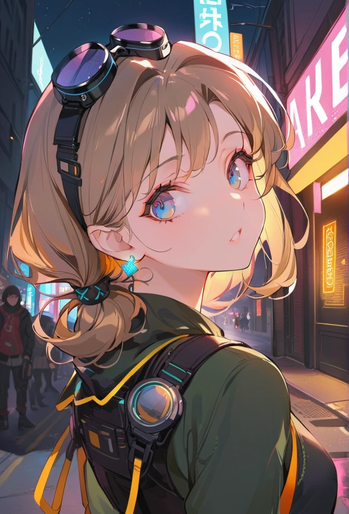 masterpiece, best quality, , (Solitary), 1 Girl, look up, Dim Lights, , horizon_(Apex Legends), goggles, blue eyes, Brown hair, Gloves, Scapula, Headdress, (freckle:0.5), , (_novel), outdoor, street, Neon lights, Cyberpunk,