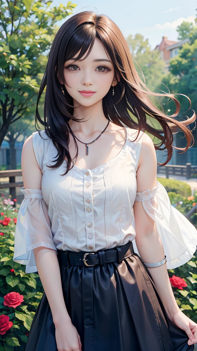 (Highest quality、 8k 、masterpiece、High resolution)、young woman、Medium chest、Slender beauty、Brown hair medium、Hair blowing in the wind、Hair flying back、Full Body Shot、 (Beautiful Face,Beautiful eyes,Beautiful nose,Pretty lips)、A clean eyeliner、(Basic Fashion、Loose dressing)、Earrings、necklace、Her mouth opens slightly and a smile appears.、looking at the camera、Professional Lighting、Professional photographer、Outdoor、garden、Multicolored rose flowers、Detailed CG、