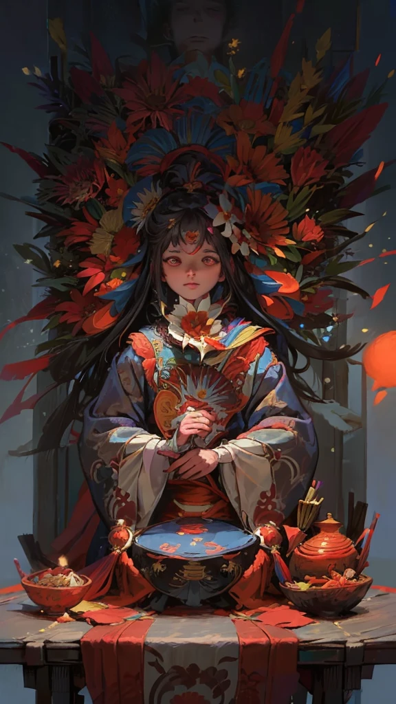 Highest quality, Pixiv, Black Hair, hair ornaments, kimono, hair flower, flower, kimono, mask, One girl, Sitting, Long Hair, with own hands, View your viewers, 6+boy, pray, multiple boy, Flower pattern print, Wide sleeves, chiaroscuro, cinematic lighting, (masterpiece:1.2), UHD, high details, best quality, highres, 8k