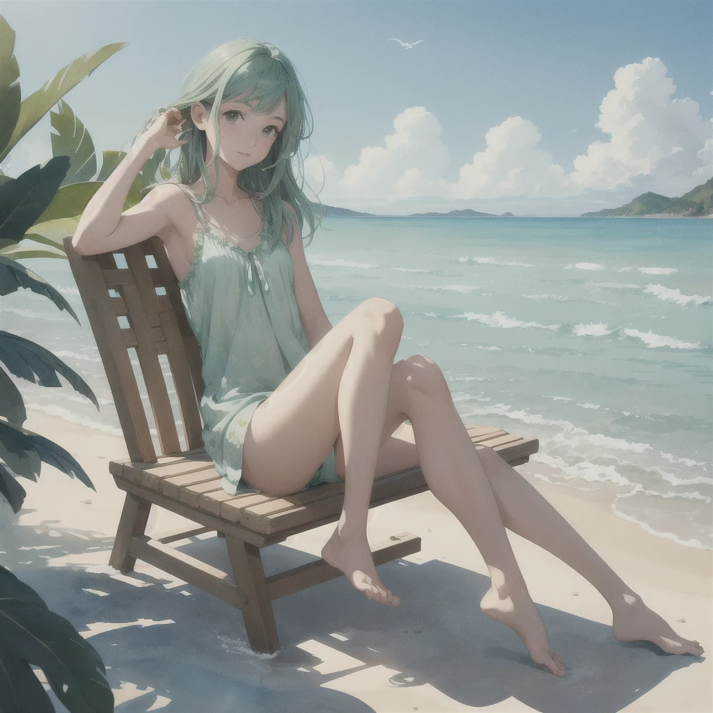 Tranquil voyager girl, in watercolor style, Photorealism, discreet peach and mint shades, barefoot
