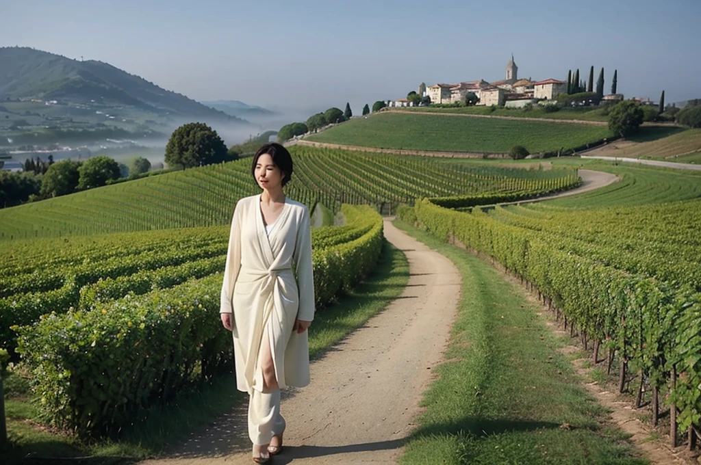 travel to italy, italian countryside dawn, foggy vineyard, Endless vineyards, 안개낀 standing on a path on a high hill. A cathedral can be seen far away in the fog.. The morning sun comes brightly. textured skin, anatomically correct, ((korean mature, 55 years old)), alone, Inspired by Yoo Ji-in. ((wrinkles appear on the face)), Elegant and modest appearance, short medium bob hair, Close your eyes and smile, (((upright, facing the center of the screen.))), Close your mouth and look straight ahead with a serious face.., Luxury brands, high-quality long-sleeved T-shirts, short, high-quality cardigans, and casual luxury pants, 1 woman, 1 woman, A cathedral can be seen far away in the fog.. Full body shot with Canon camera 16-35 wide angle lens, standing on a path on a high hill. 1 woman, 1 woman